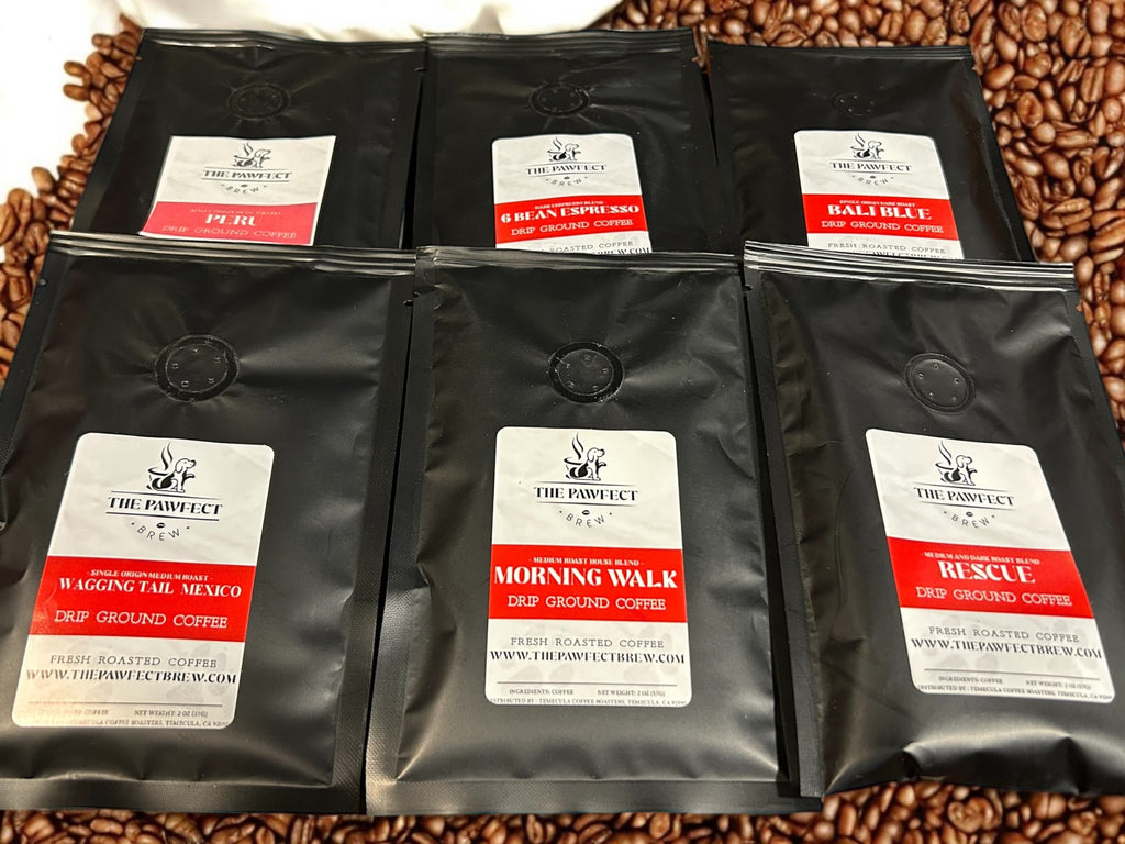 Best Sellers Sample Pack of ground coffee featuring six unique flavors, including Bali Blue, Morning Walk, and Rescue.