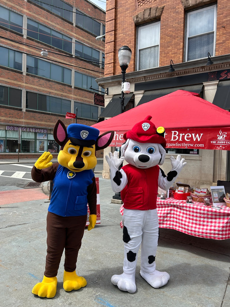 Two cartoon character costumes standing on a sidewalk with a building in the background.