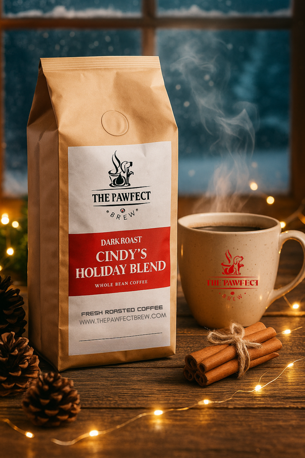 Cindy's Holiday Blend dark roast coffee bag with steaming cup, festive setting, holiday spirit.