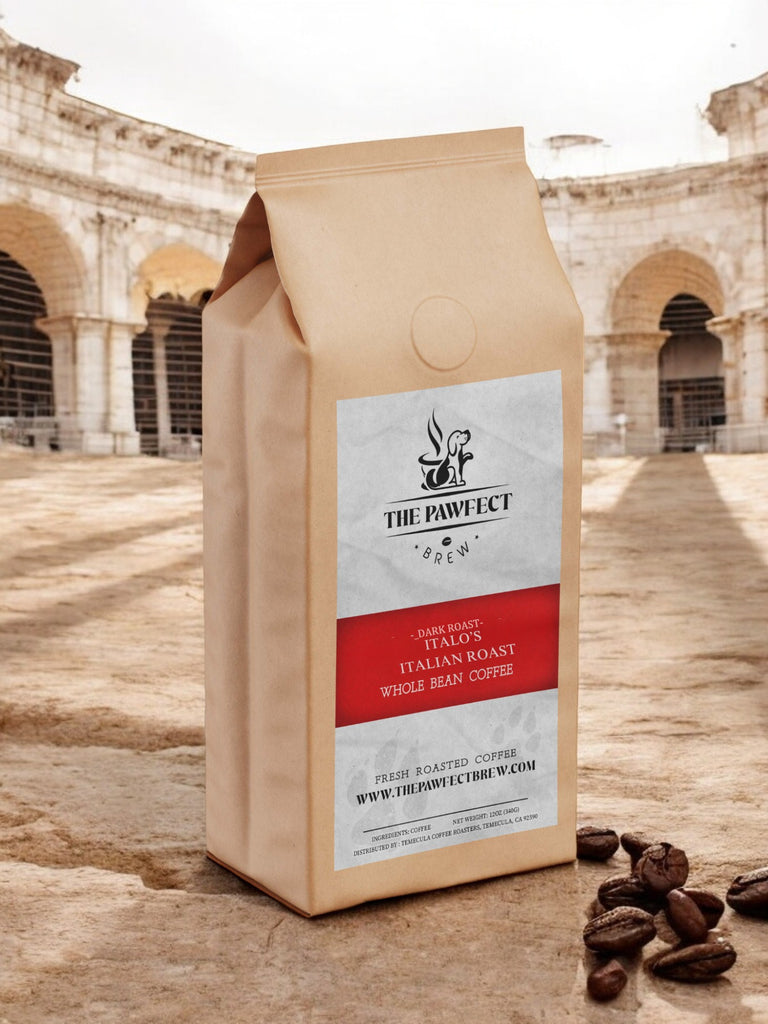 Italo's Italian roast coffee bag featuring whole beans and a rustic backdrop, celebrating community spirit.