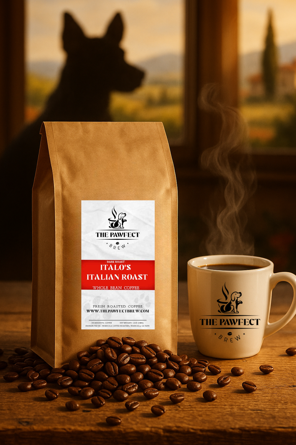 Italo's Italian Dark Roast Blend coffee bag with steaming cup and coffee beans on a wooden table, background features a dog silhouette.
