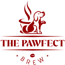 Logo of The Pawfect Brew featuring a dog and coffee cup with steam.