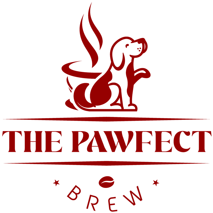 Logo of The Pawfect Brew featuring a dog and coffee cup with steam.