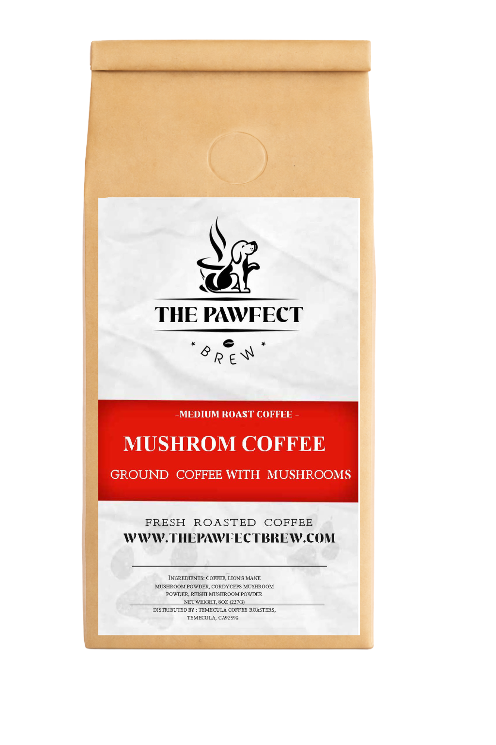 Mushroom Coffee Medium roast coffee with functional mushroom coffee blend, featuring ground coffee and mushrooms.