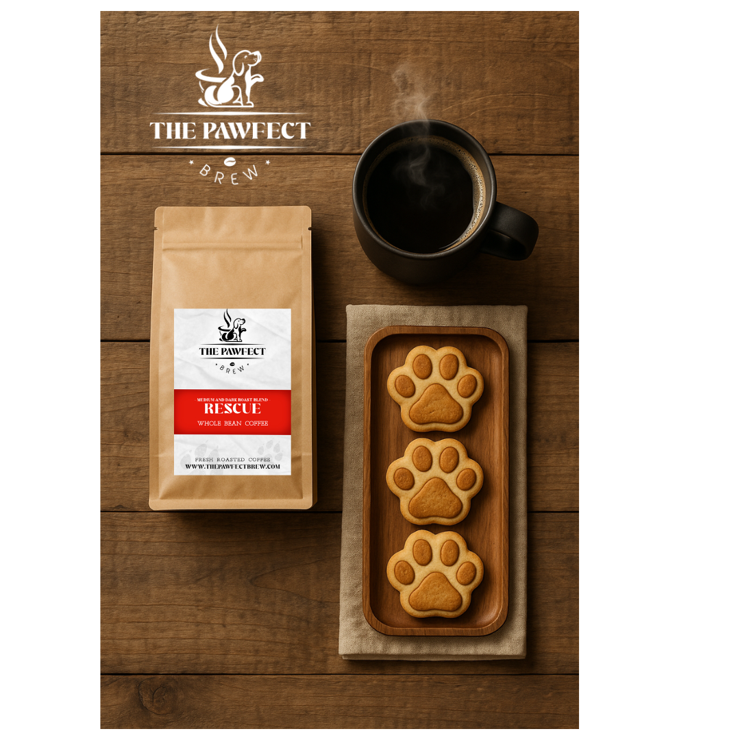 Rescue Blend coffee bag with a cup of coffee and paw print cookies on a wooden table.