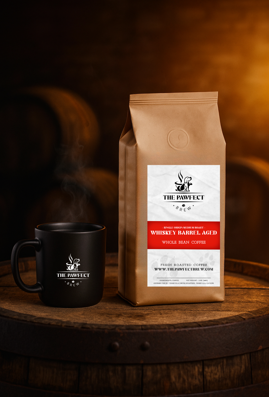 Whiskey Barrel Aged Whole Bean Coffee bag next to a coffee mug on a wooden barrel.